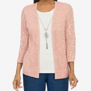 #400 Alfred Dunner Light Pink Cardigan with attached tassel necklace